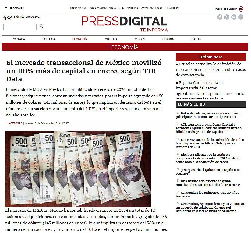 El mercado transaccional de Mxico moviliz un 101% ms de capital en enero, segn TTR Data